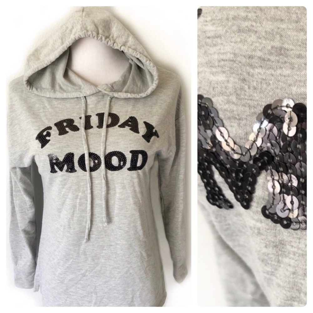 Sequins Hoodie FRIDAY MOOD REBELLIOUS ONE Hoodie Relaxed Fit Top Gray Bl… - Picture 1 of 10